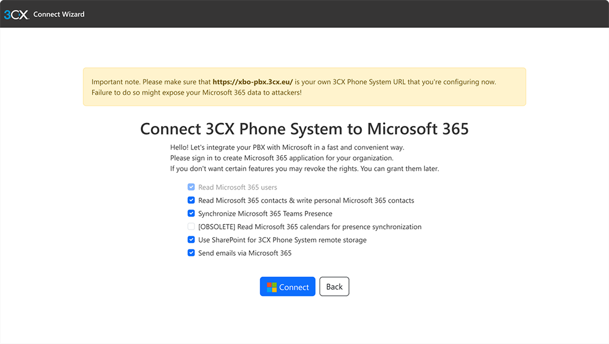 3CX Microsoft 365 integration Connect Wizard