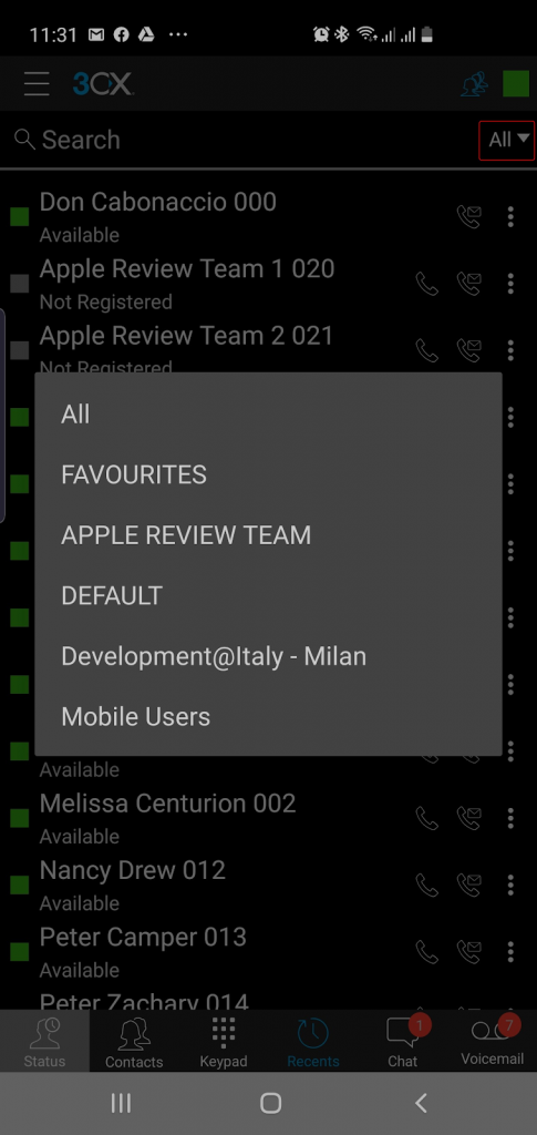 Vervolgkeuzemenu met groepen in de 3CX VoIP-app voor Android