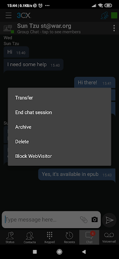 Met de chatfunctie in de 3CX Android-app kunt u chats blokkeren.