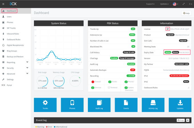 management console expiry Nieuwe vervaldatum van uw 3CX licentie