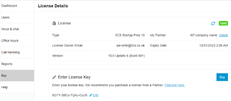 upgrade-install Gegevens licentiecode in 3CX Web Client